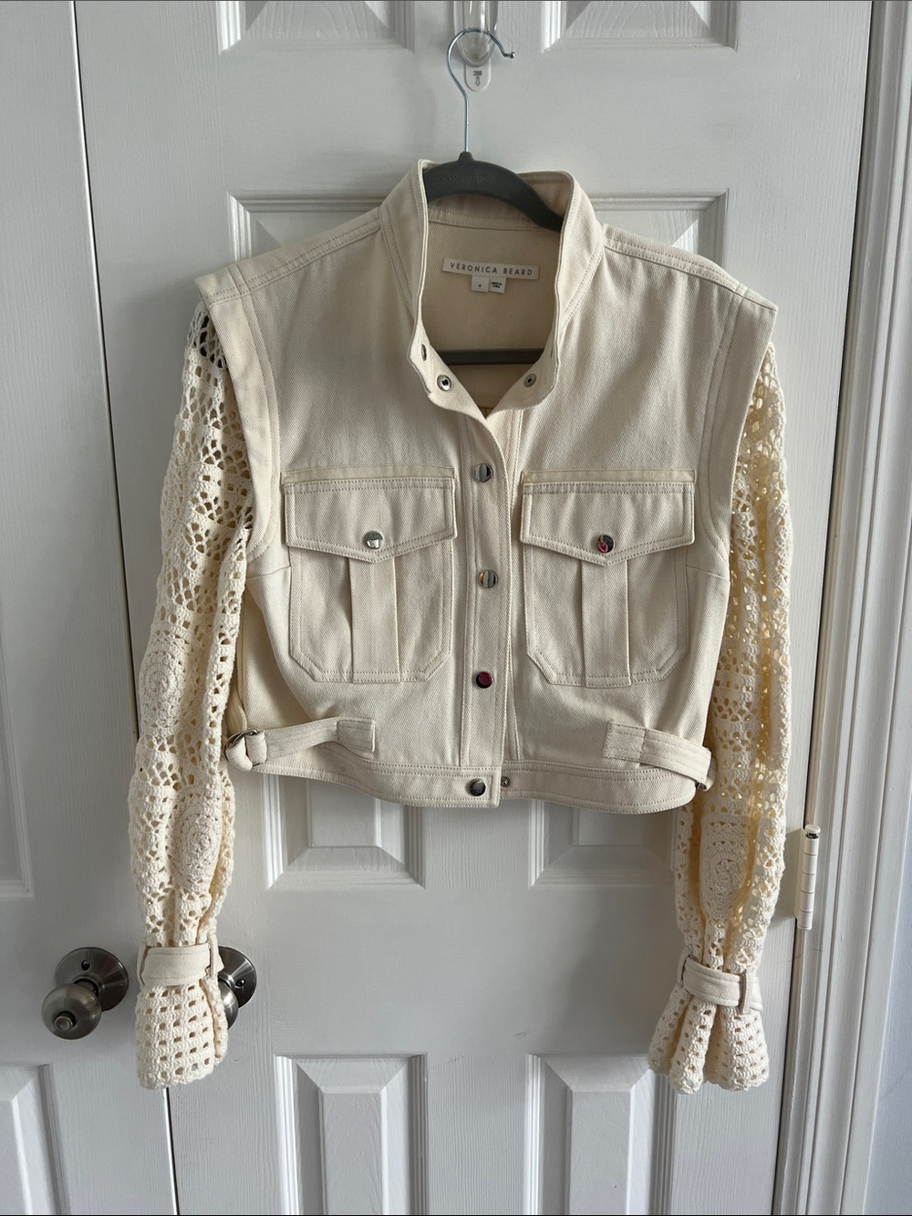 Veronica Beard Cream Crochet-Sleeve Canvas Crop Jacket